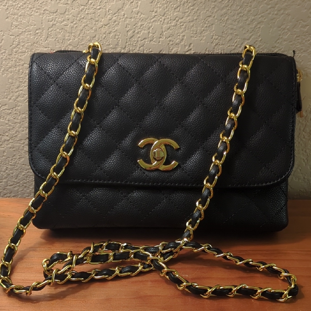 CC Black Quilted Crossbody Bag with Gold Chain